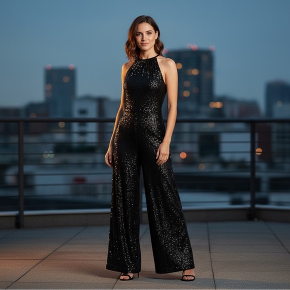 NWT Max Studio Women’s Sequin‎ Halter Wide Leg Jumpsuit in Black Size Medium - Picture 1 of 6